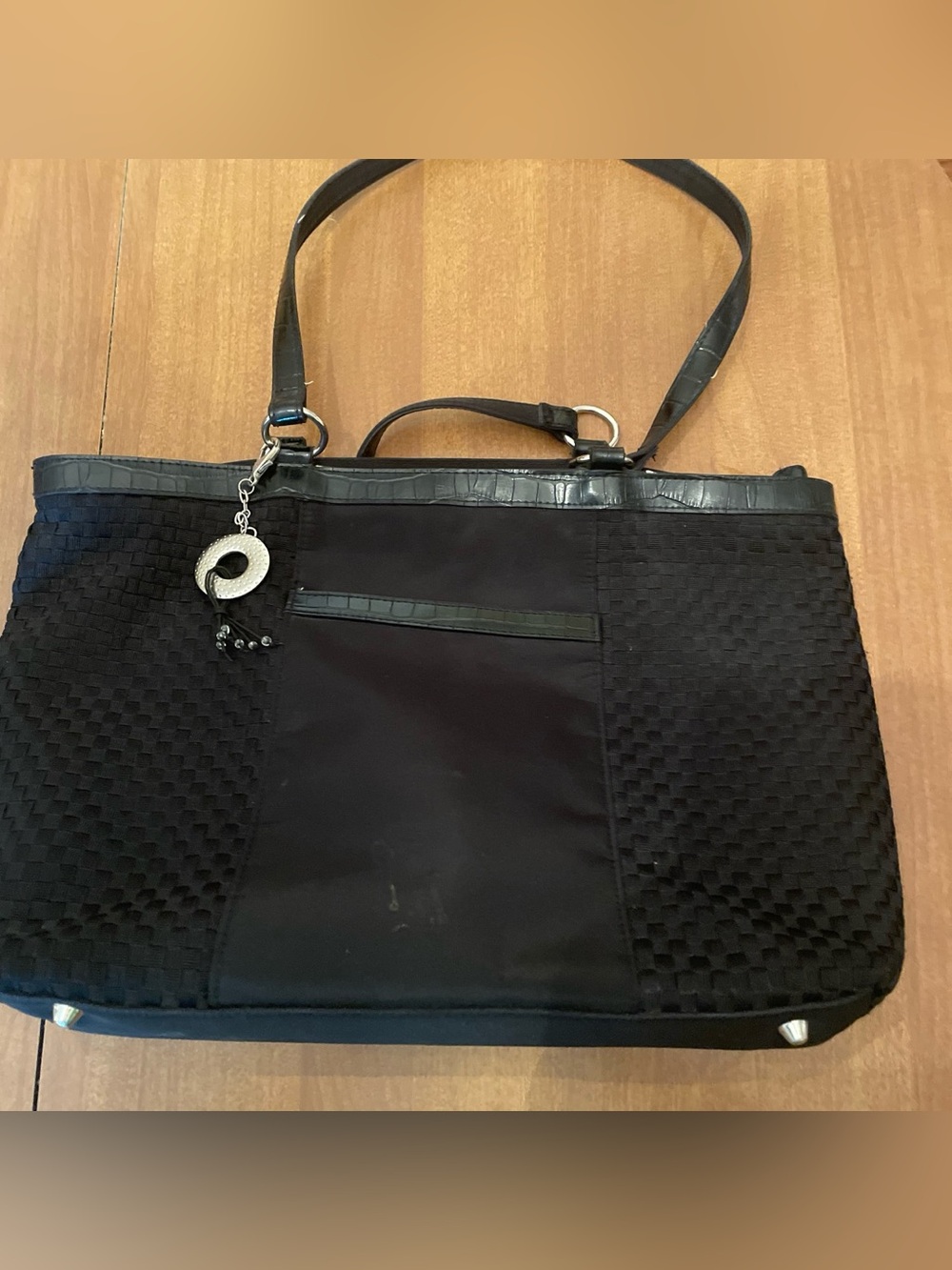 Coldwater Creek Black Woven-Panel Tote with Charm, lots of pockets